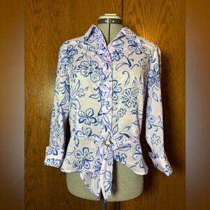 Jones New York Blue Floral Tie-Front Blouse - medium.